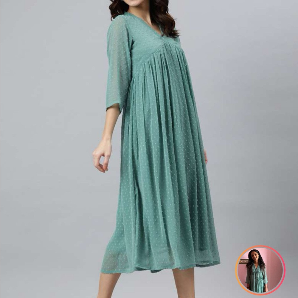 Green V-Neck Pleated Midi A-Line Sundress NWOT